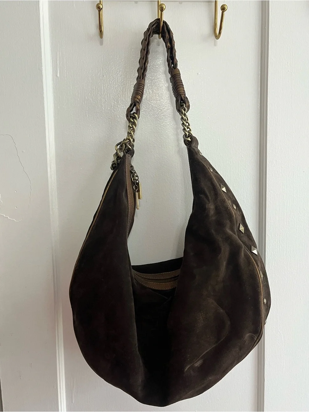 Vintage Donald J. Pliner Brown Suede Studded Hobo Bag Y2K